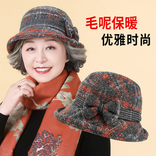 老年帽子女冬季老太太奶奶毛呢盆帽中年妈妈秋冬保暖渔夫帽带围巾