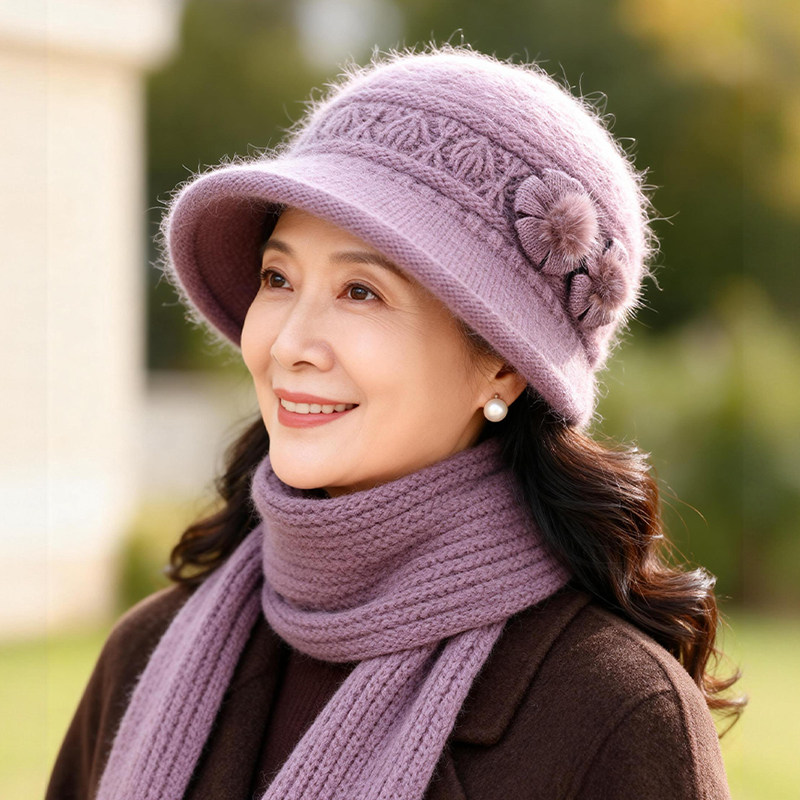 冬季中老年女加绒可折叠毛线帽