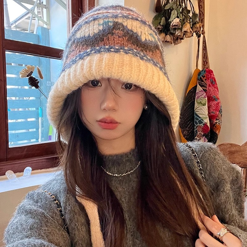 复古费尔岛针织巴拉克拉法帽子女款秋冬加厚保暖显脸小毛线帽灰色