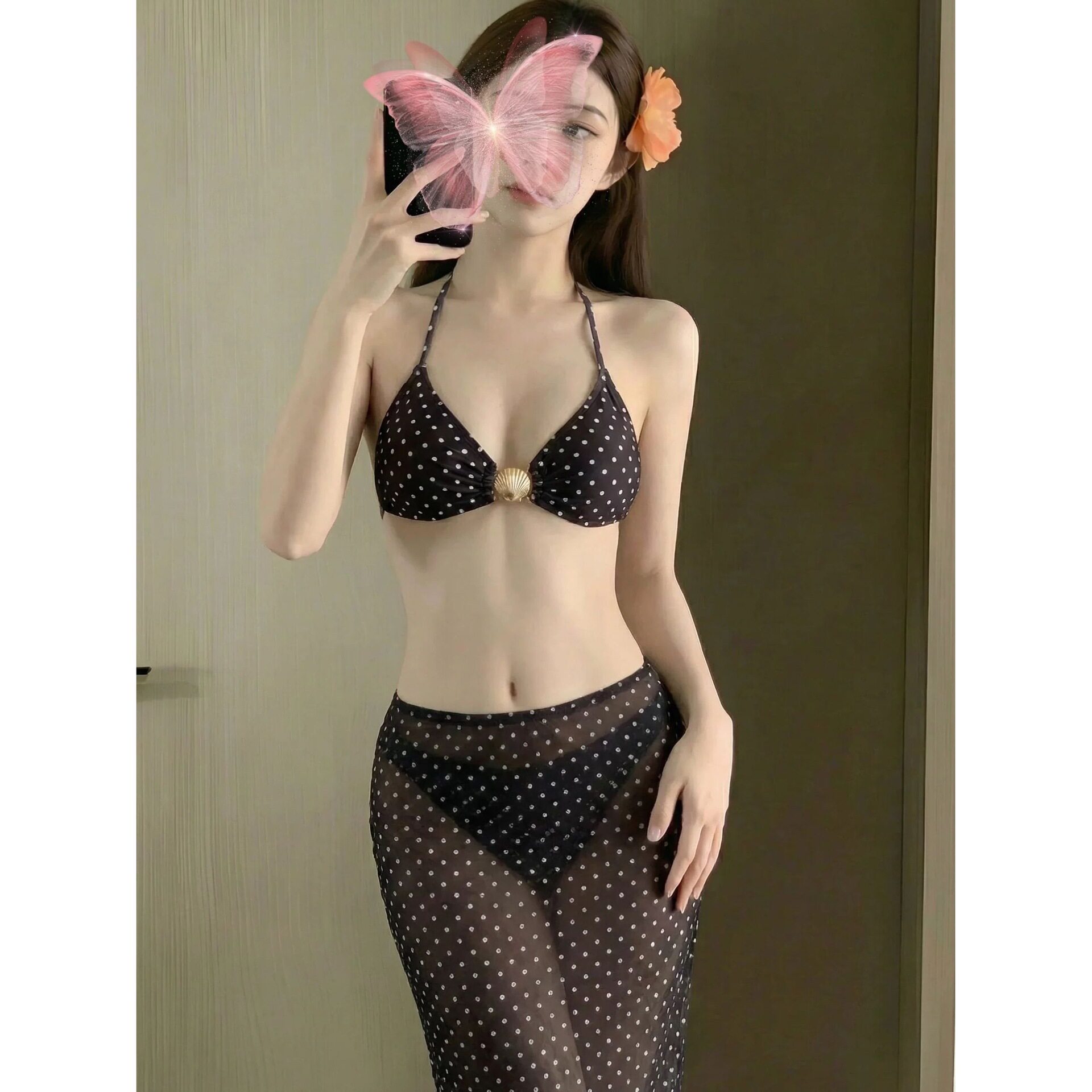 波点挂脖泳衣女三角杯系带比基尼网纱裙三件套海边度假纯欲辣妹风