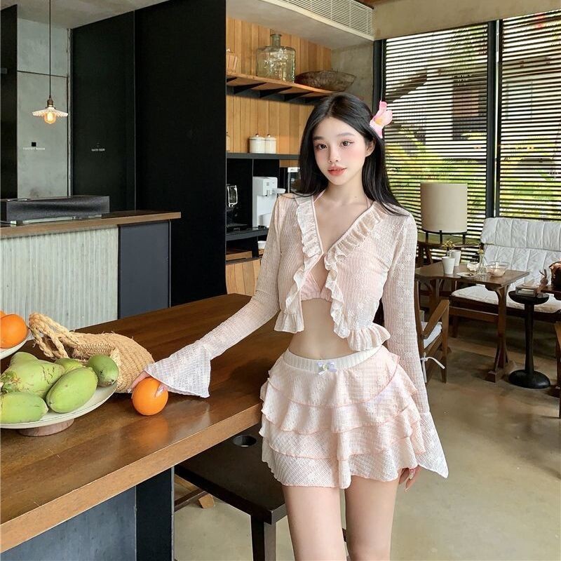 超仙洋气小香风纯欲粉色保守分体长袖比基尼游泳衣四件套遮肉显瘦