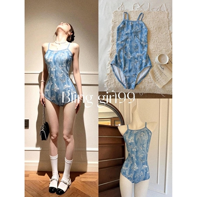 【蓝屿蝴蝶】单层无胸垫复古蝴蝶印花显瘦连体游泳衣竞速莱卡面料