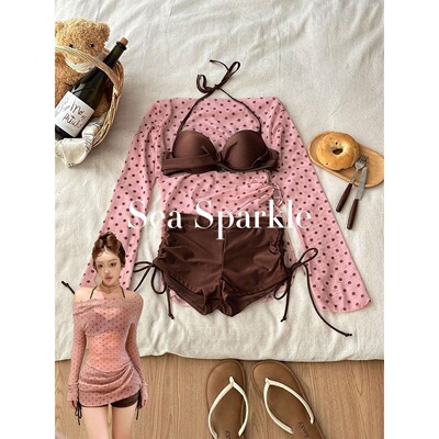 2026新款ins纯欲少女波点罩衫bikini泡温泉海边度假分体泳衣保守