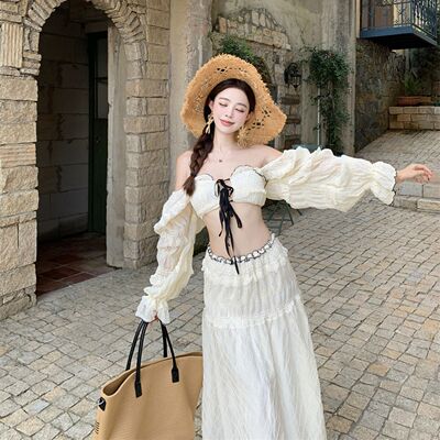 超仙白色一字肩长袖上衣女海边度假风穿搭分体三件套泳衣纯欲风夏