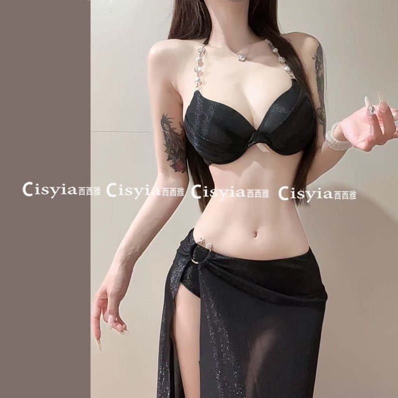 2026比基尼小胸钢托聚拢长裙三件套黑色性感纯泳衣海岛度假温泉