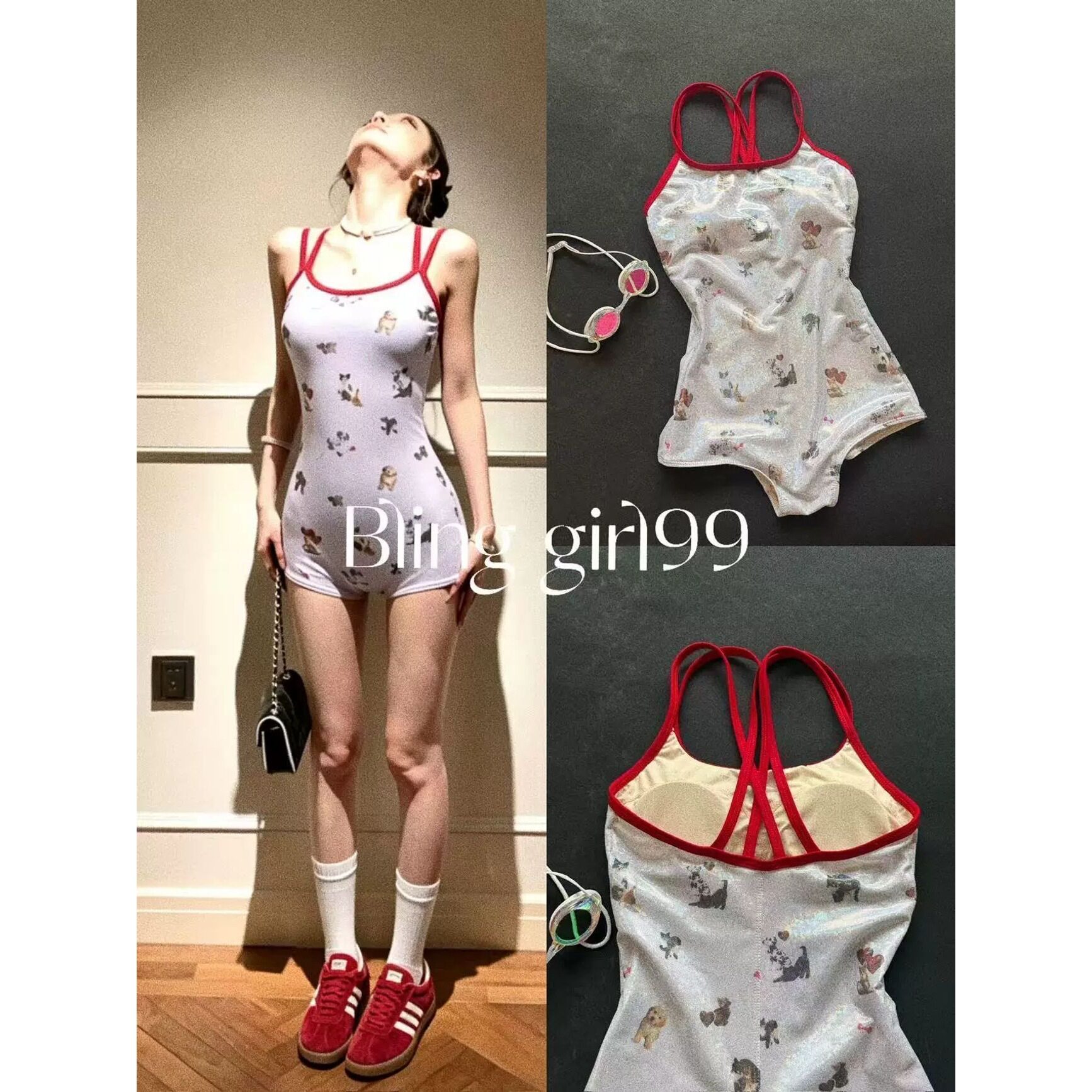 【动物园】美式辣妹风卡通印花连体女撞色修身显瘦可爱竞速泳衣女
