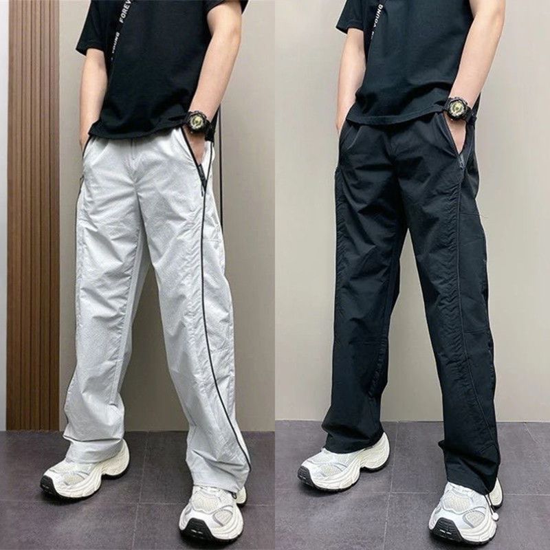 夏季薄款男士原创高街ins潮牌条纹宽松哈伦直筒阔腿长裤子