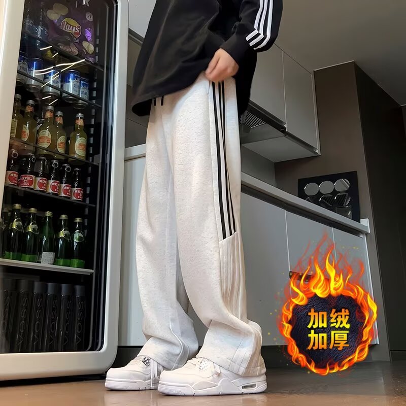 秋冬季纯色休闲运动长裤男女宽松欧美潮牌三条杠加厚直筒阔腿卫裤