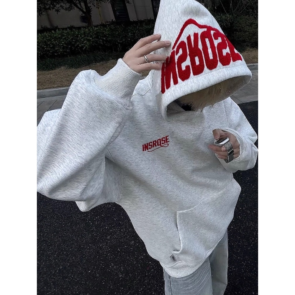 美式高街刺绣连帽卫衣男秋冬加绒宽松情侣款保暖毛巾绣帽衫女潮牌