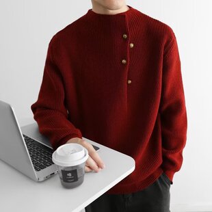 红色重磅金属纽扣针织衫男款秋冬季宽松休闲复古百搭半高领毛衣男