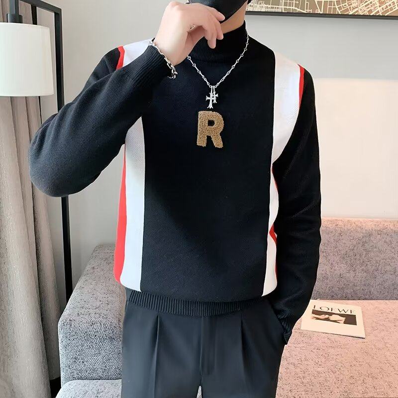 秋冬装半高领保暖毛衣男潮牌紧身内搭上衣精神小伙拼色打底针织衫