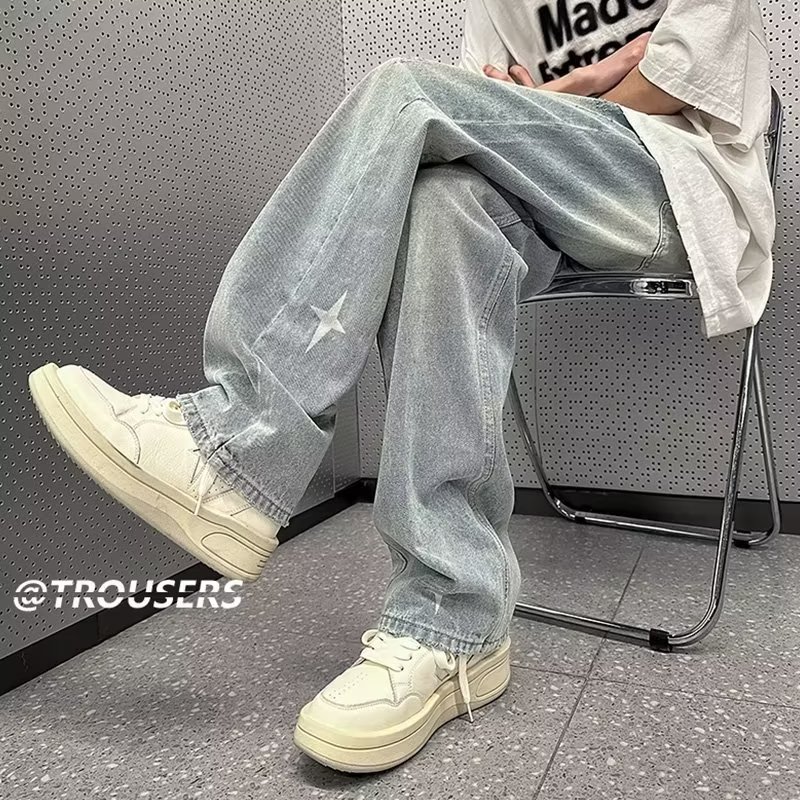 春秋水洗牛仔裤男宽松大码美式复古hiphop裤子高街潮牌潮流直筒裤