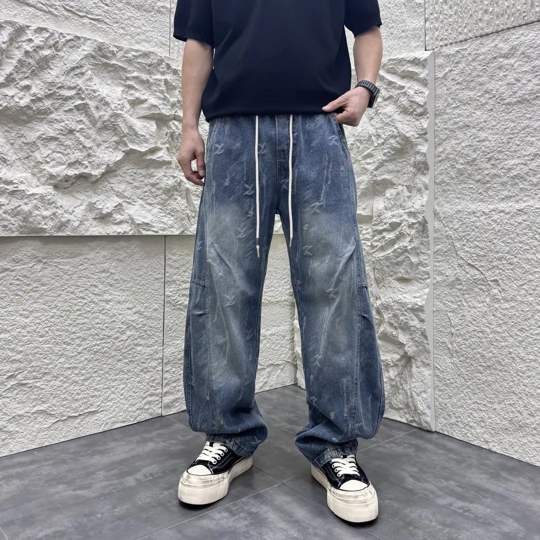 春夏季浅蓝色牛仔裤男生痞帅潮流哈伦裤水洗百搭宽松休闲萝卜裤男