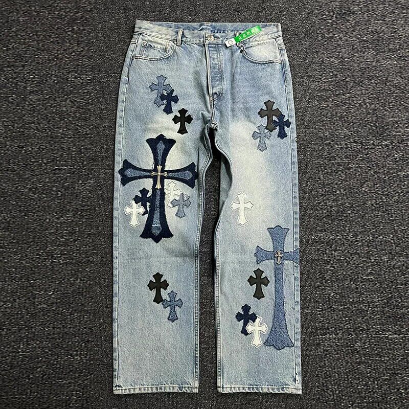 高端网红同款十字架贴皮牛仔裤男潮牌春秋季宽松直筒休闲长裤子男