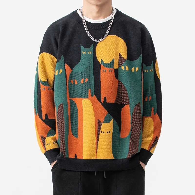 2025新款日系潮牌创意猫咪图案圆领毛衣男秋冬季宽松上衣潮针织衫