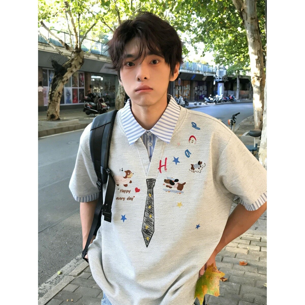 美式假两件涂鸦短袖POLO衫男款夏季学院风正肩T恤条纹翻领五分袖