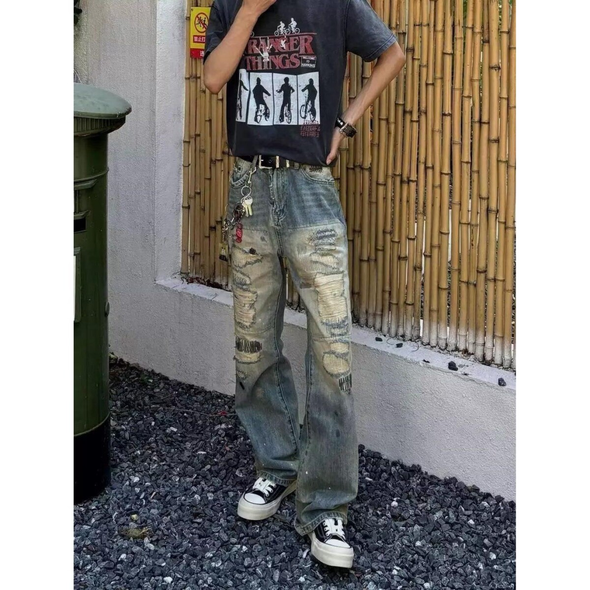 美式高街破洞补丁牛仔裤男修身设计款猫须水洗做旧复古款显瘦潮流