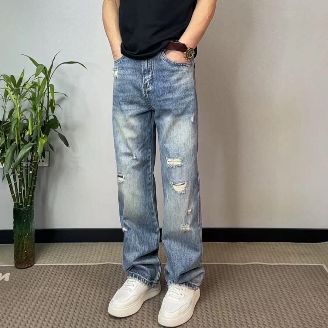 春夏季美式休闲痞帅复古破洞牛仔裤男直筒宽松百搭大码锥形裤子潮