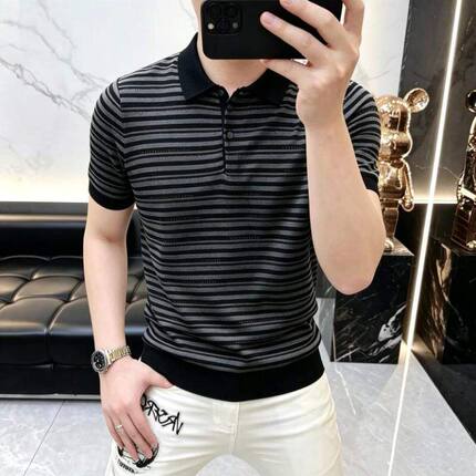 2026新款高档轻奢夏季新款短袖男老钱风时尚条纹针织POLO衫休闲T