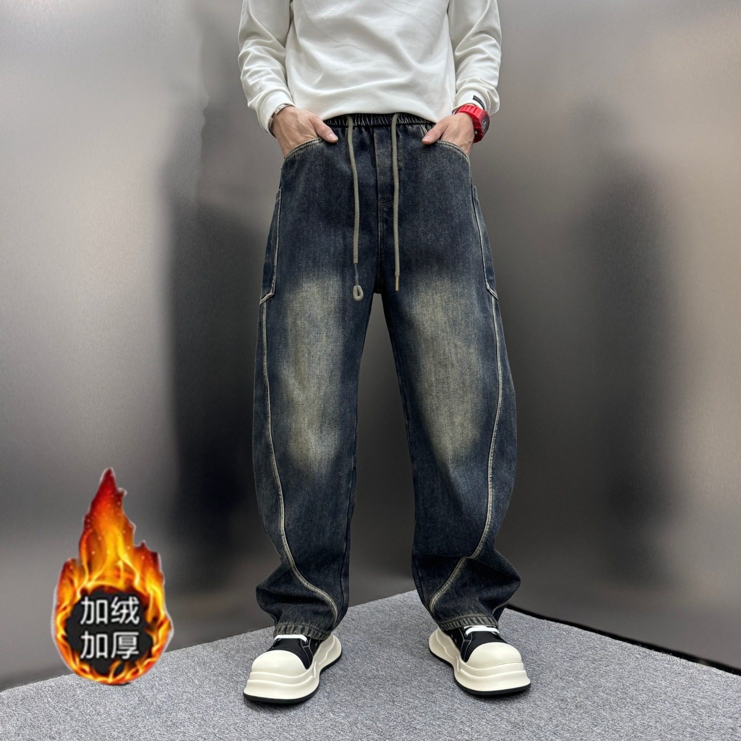 秋冬季美式复古加绒牛仔裤男士大口袋宽松直筒哈伦弯刀阔腿长裤子