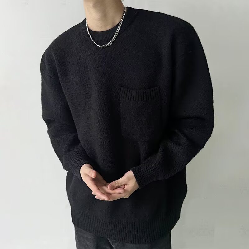 秋冬季休闲圆领毛衣男士重磅宽松针织衫情侣打底衫日系慵懒上衣服