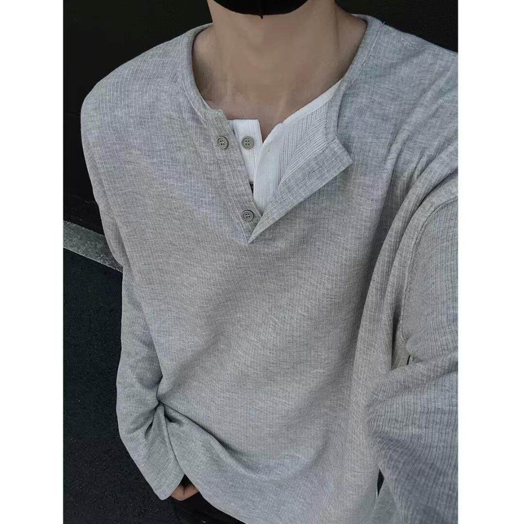 假两件亨利领长袖t恤男款2024秋冬新款重磅内搭打底衫宽松上衣服