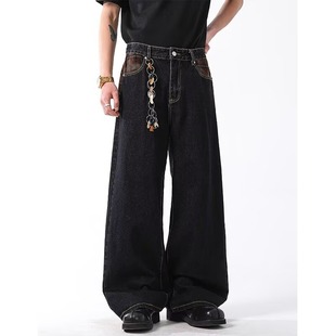 美式复古丹尼黑色弯刀牛仔裤男宽松阔腿廓形慵懒松弛垂感镰刀裤子
