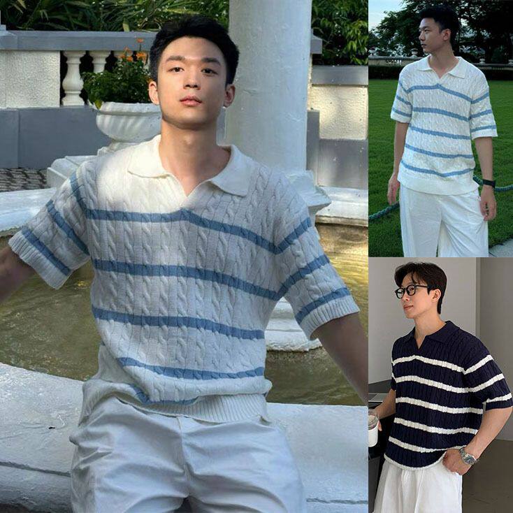 韩系麻花扭绳针织衫男美式复古修身短袖卫衣领条纹撞色polo衫