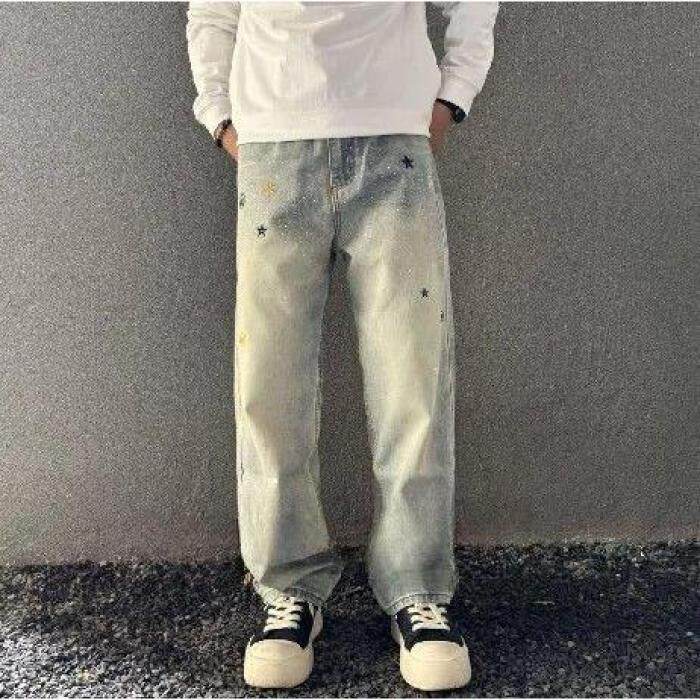 高端潮牌修身牛仔裤男士九分新款夏季锥形小脚休闲痞帅印花长裤子