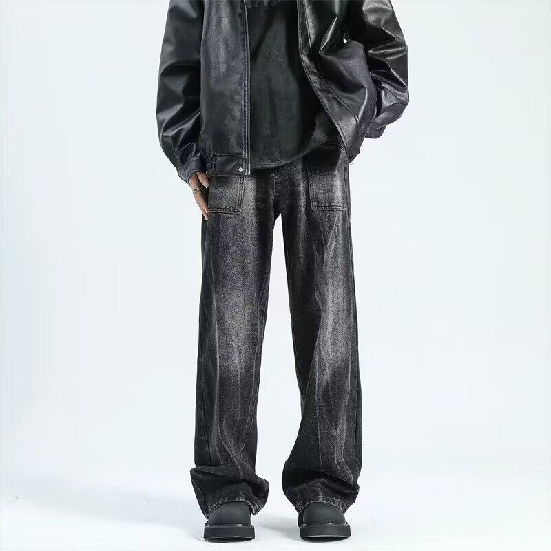 美式复古水洗做旧牛仔裤男潮牌高街高级感宽松阔腿垂感直筒裤长裤