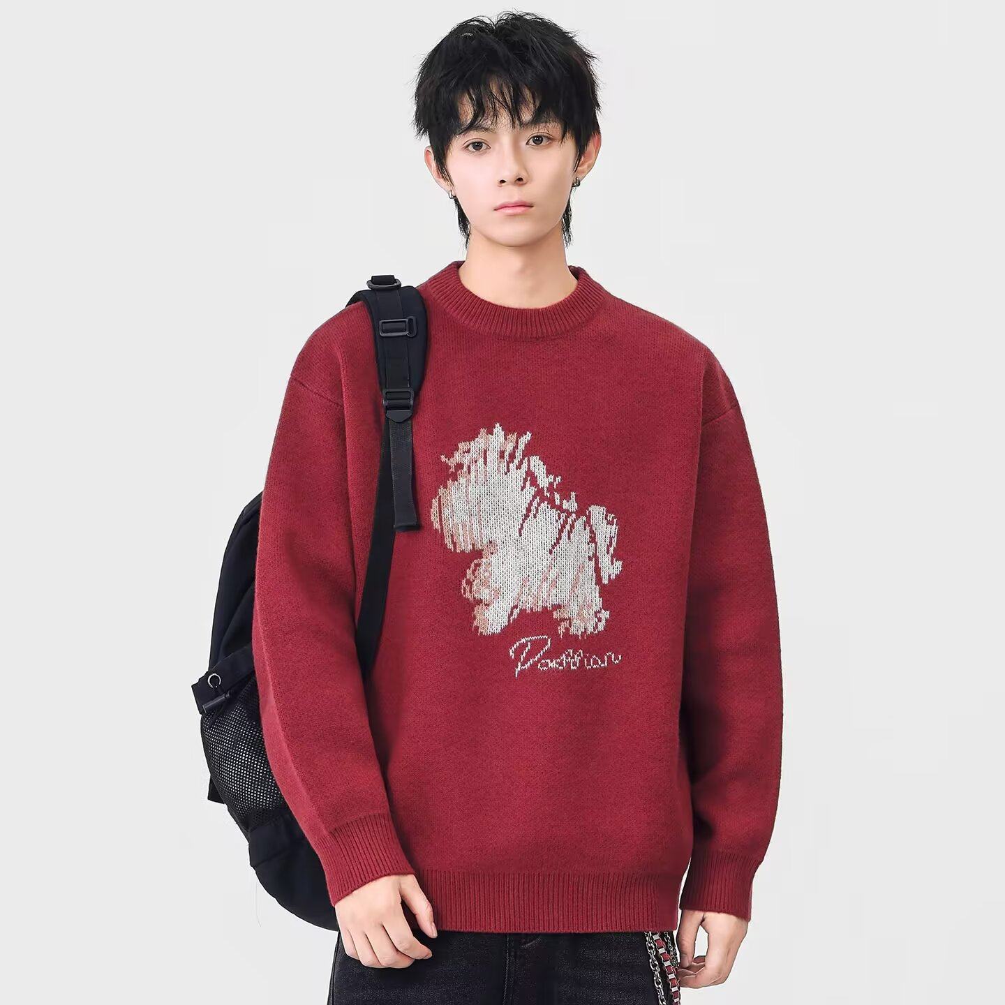 日系复古红色毛衣男款秋冬慵懒风美式宽松圆领针织衫保暖情侣毛衣