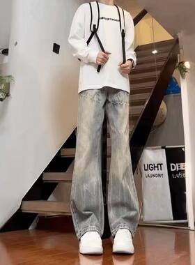 港风潮男夏季新款2026个性字母牛仔裤嘻哈ins潮高街潮流痞帅长裤