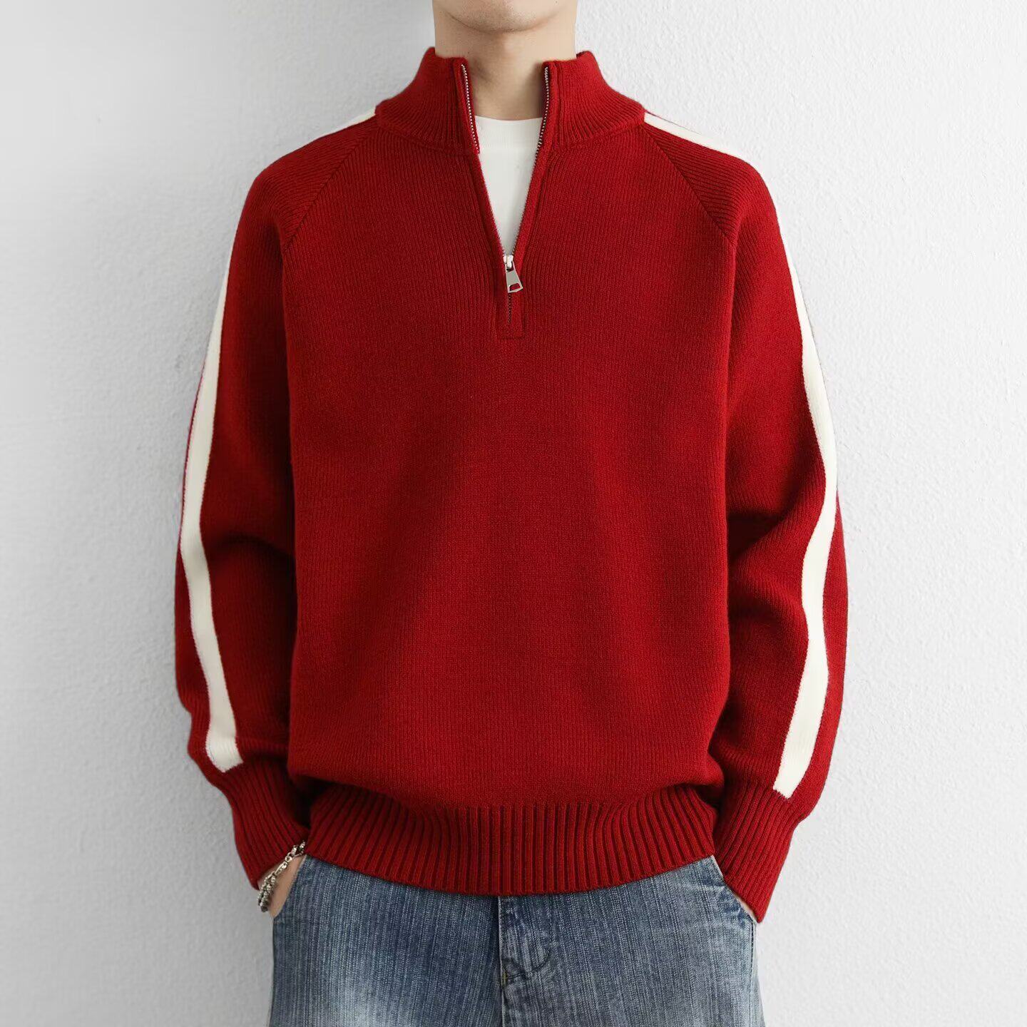 新款撞色半拉链针织衫男秋冬季慵懒风穿搭韩系宽松立领套头毛衣