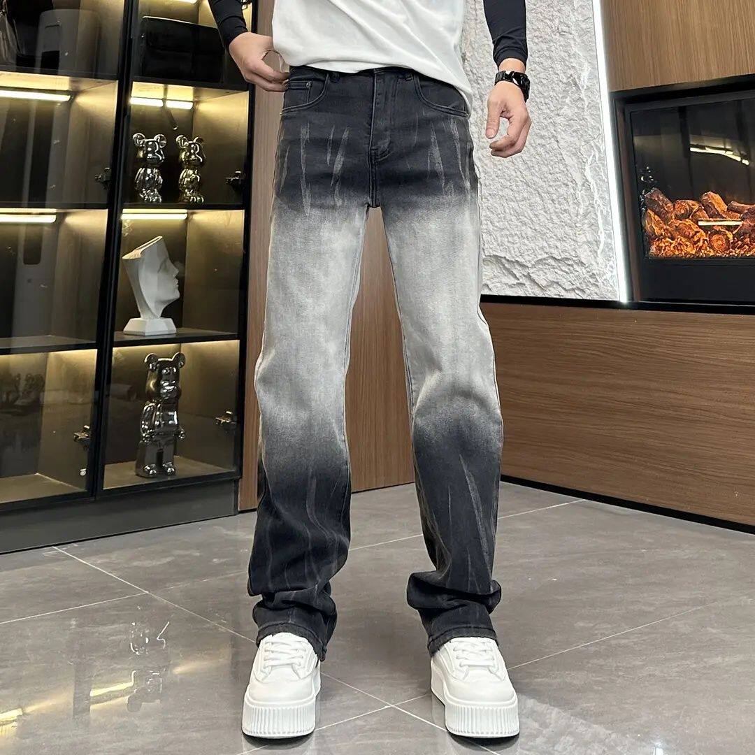 高端潮牌修身牛仔裤男士九分新款夏季锥形小脚休闲痞帅印花长裤子