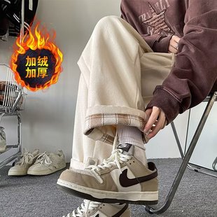 加绒裤脚格子毛呢裤子秋冬季高级感美式潮牌休闲裤宽松阔腿工装裤