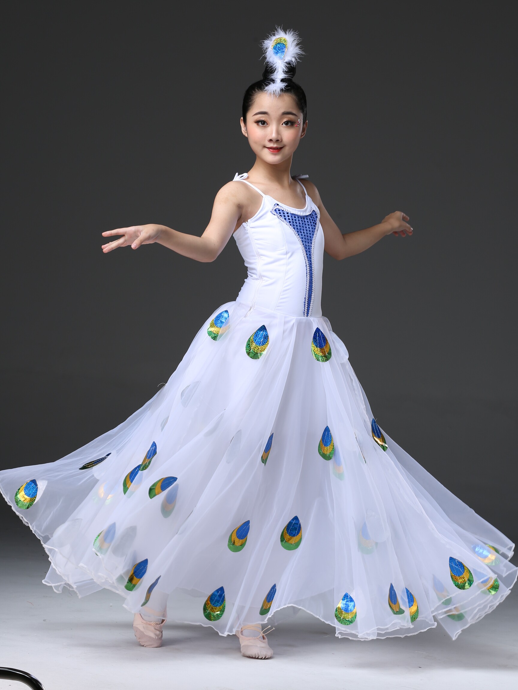 傣族003女孔雀之纱灵演服表白色儿童雀舞蹈大摆裙演出服杨丽萍