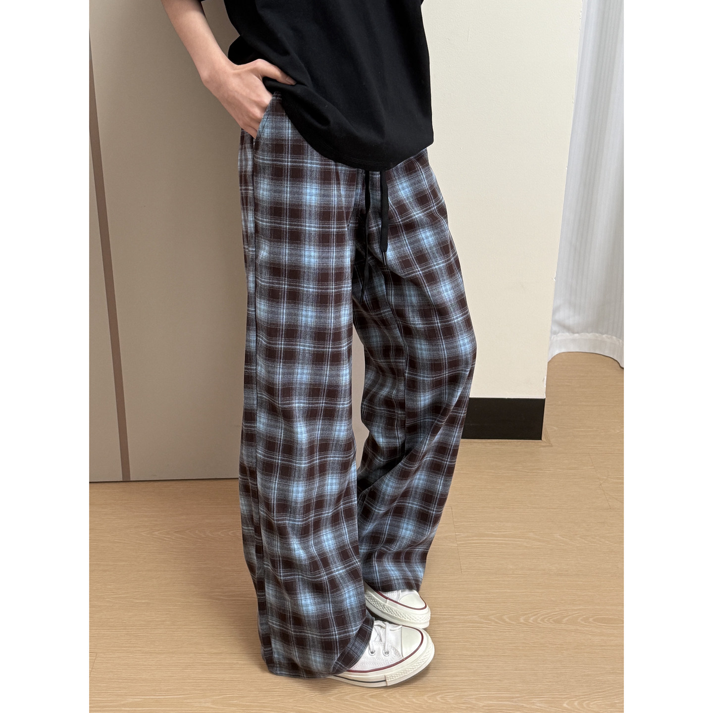 cleanfit咖啡色格子裤男