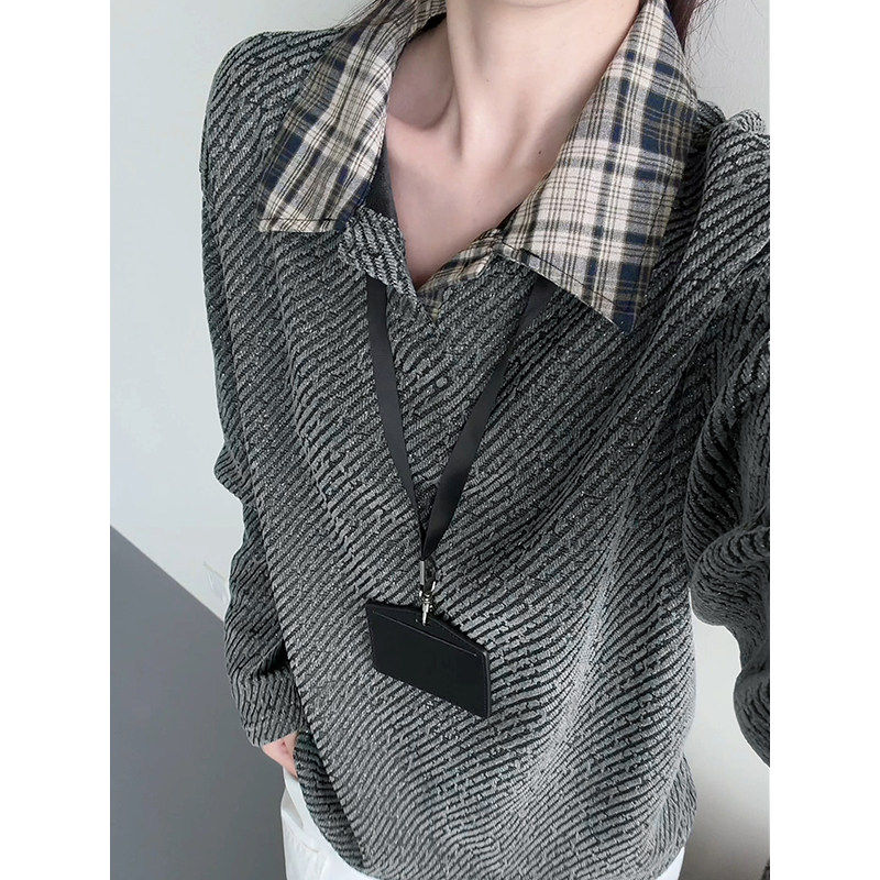 美式假两件休闲厚棉男千鸟格衬衫拼接2026新款polo衫内搭翻领长袖