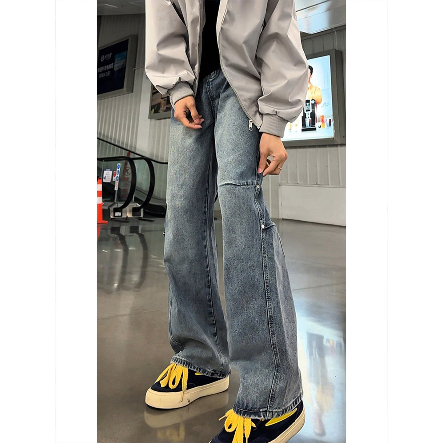蓝色解构铆钉工装牛仔裤男款cleanfit美式潮牌伐木裤直筒微喇长裤