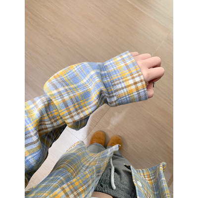 黄蓝格子设计感衬衫男款