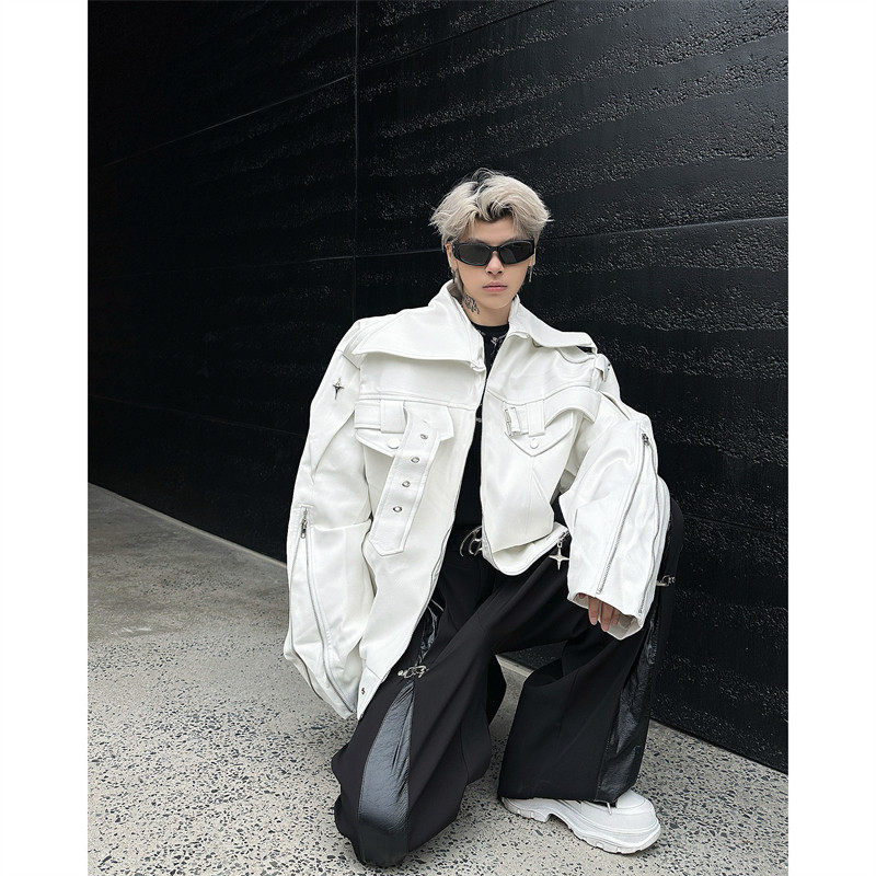 白色解构机车皮衣外套 美式高街风格青少年休闲夹克 宽松版型春秋