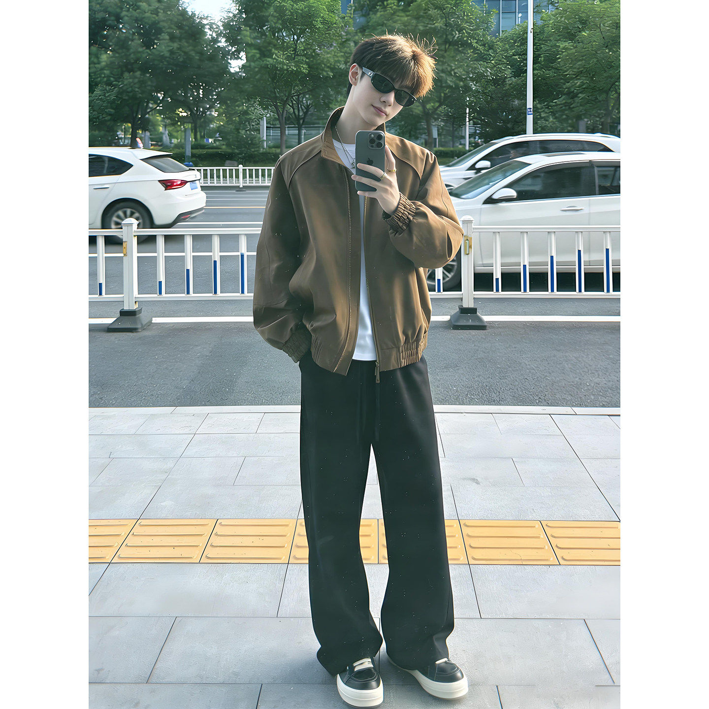 棕色美式飞行员正肩夹克男款春季boxy短宽cleanfit立领工装风外套