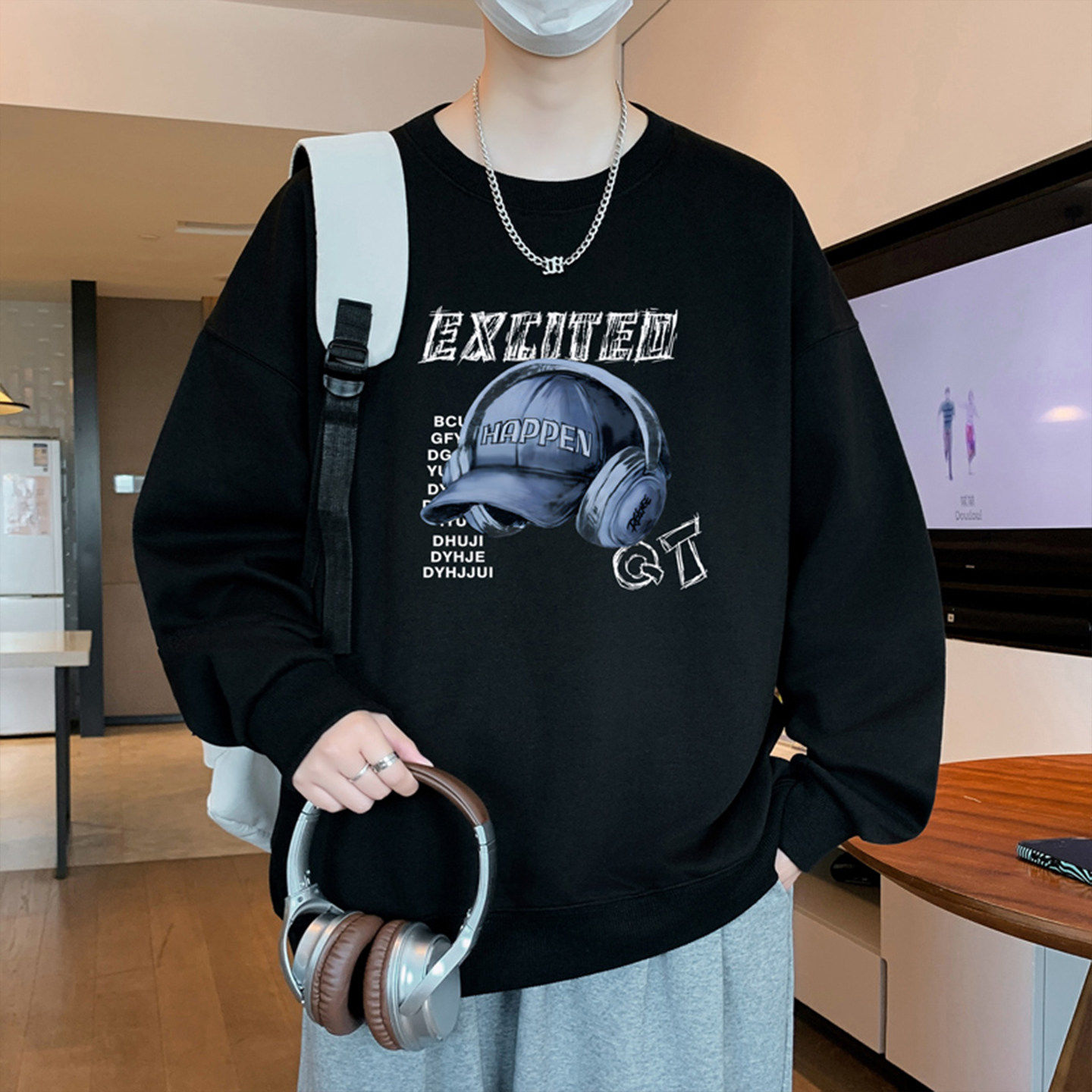 春秋款长袖圆领厚棉T新款男孩青少年初中学生帅气T恤衫大童上衣服