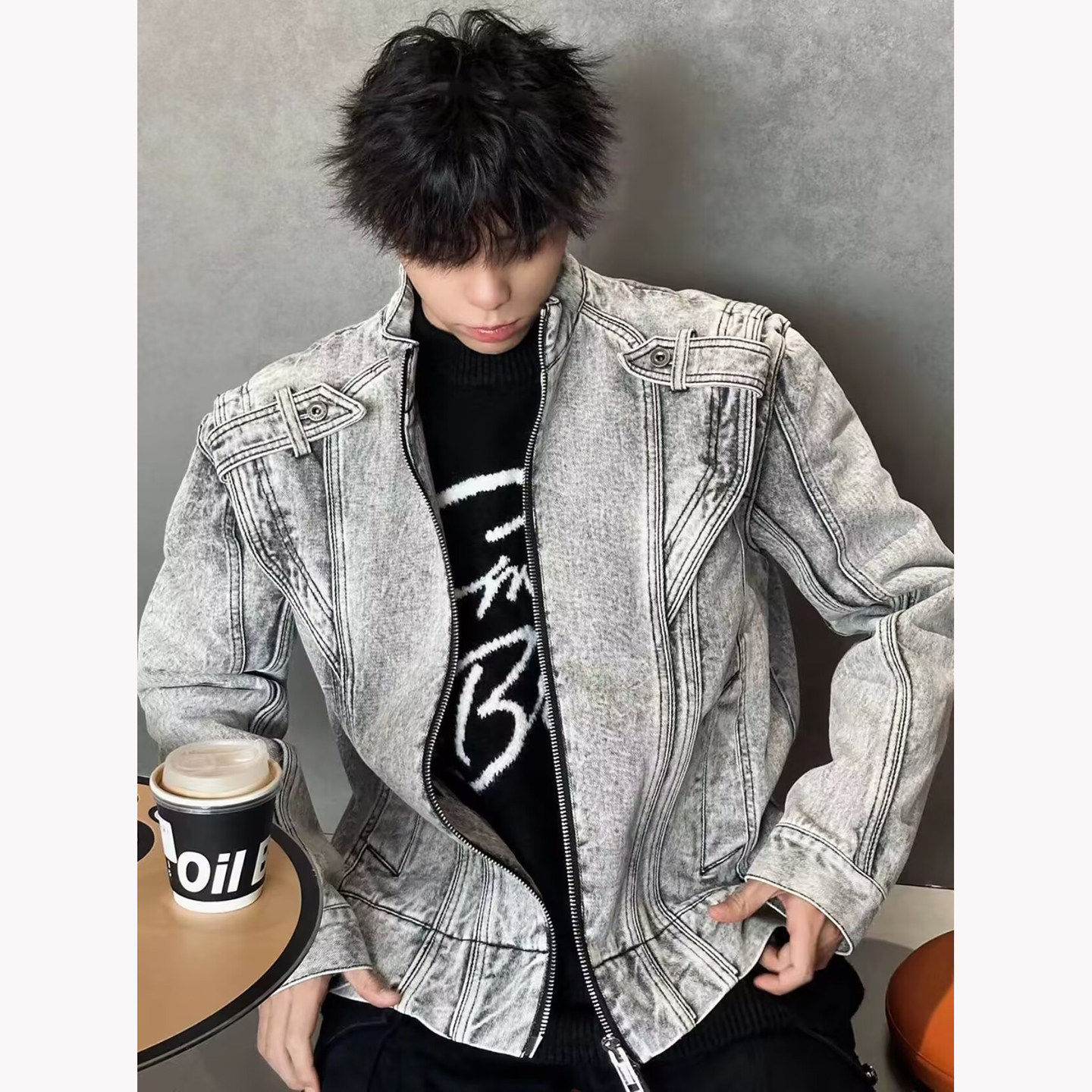 重工拼接立领牛仔外套男秋季高级感痞帅垫肩牛仔衣夹克情侣机车服