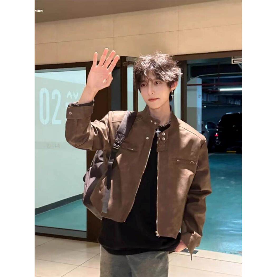 美拉德穿搭高街痞帅夹克男复古PU皮衣小众设计潮牌短款加厚外套男