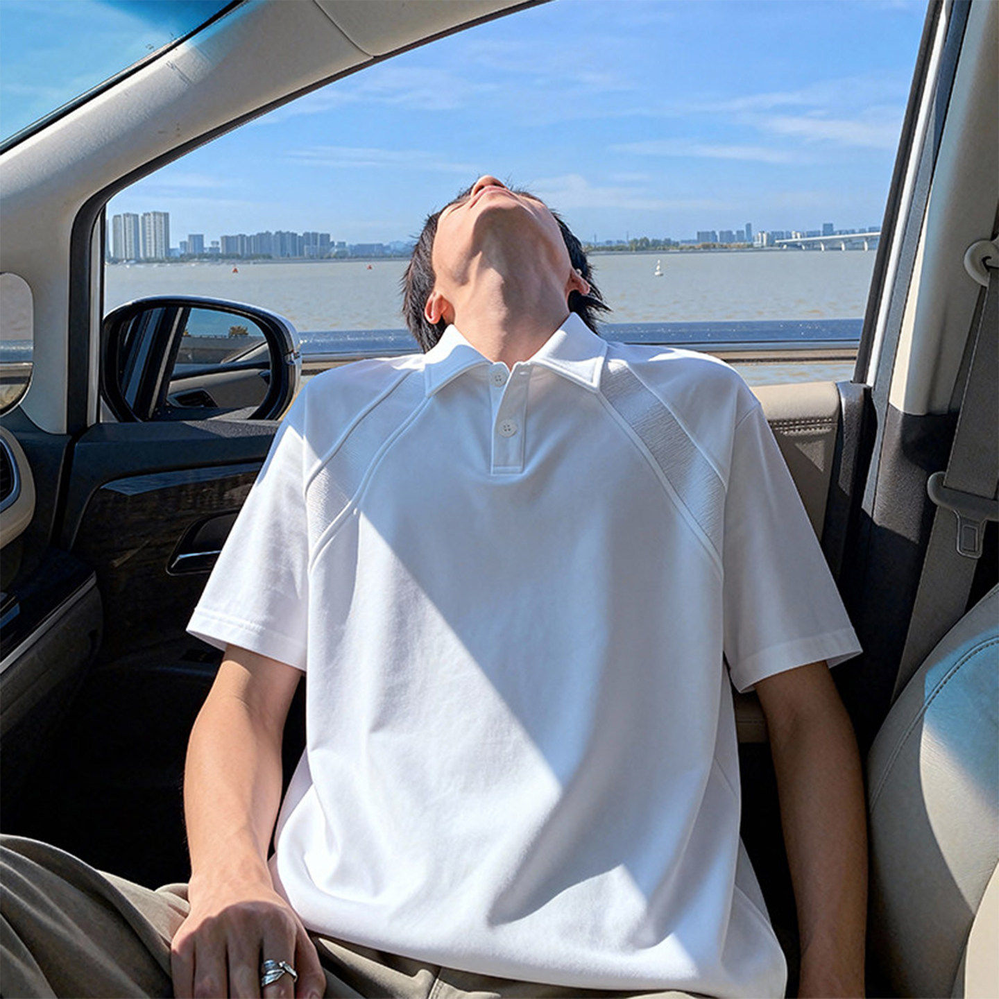 分割解构黑色短袖POLO衫男夏季青少年重磅半截袖潮牌美式宽松T恤