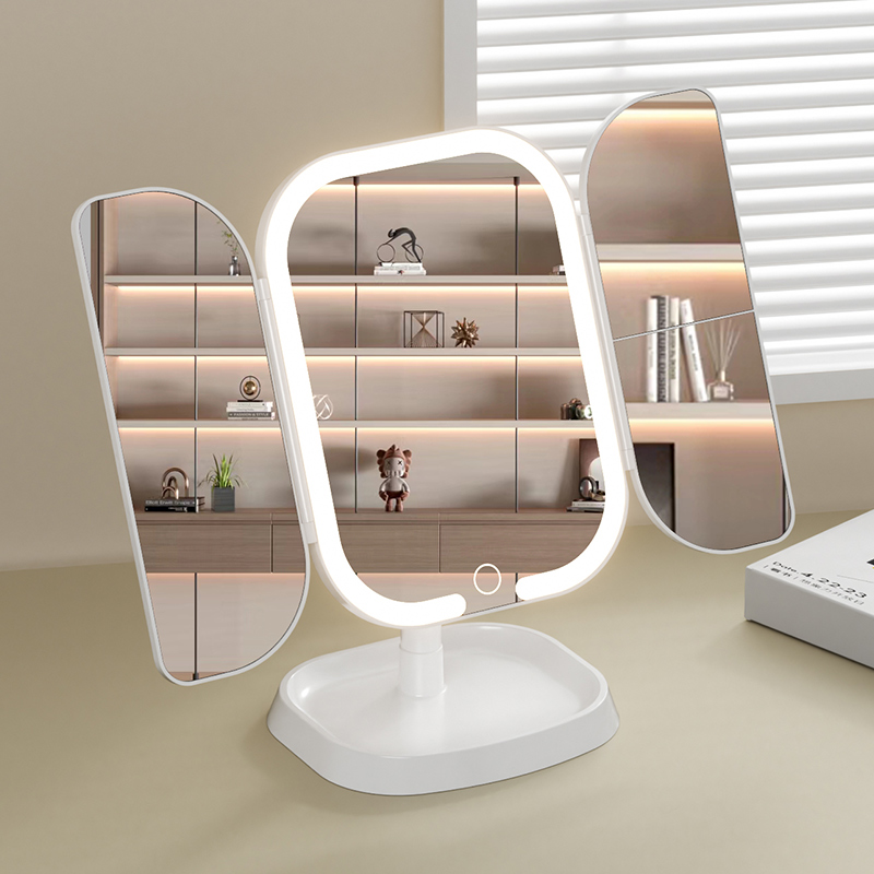化妆镜带led灯台式桌面可立三折叠家用卧室智能美妆镜宿舍高级感