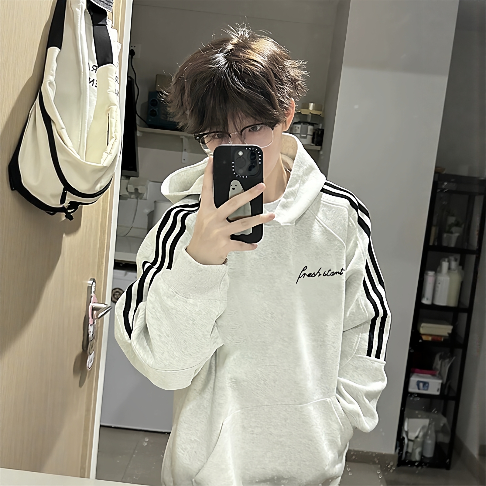 美式潮牌字母印花重磅三条杠卫衣