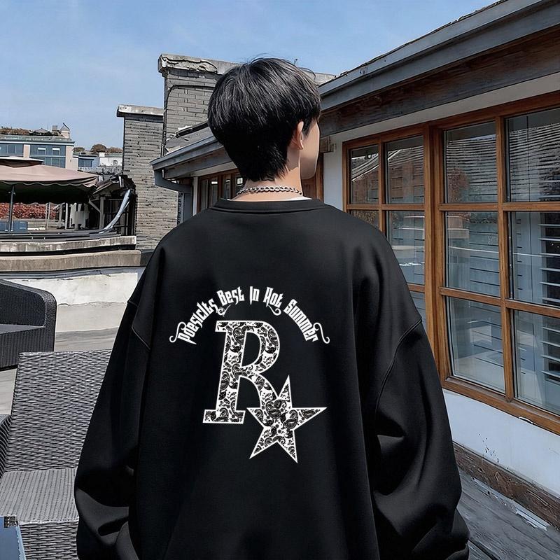 港风潮牌男生圆领卫衣秋冬加绒加厚打底衫长袖慵懒风外套上衣春季