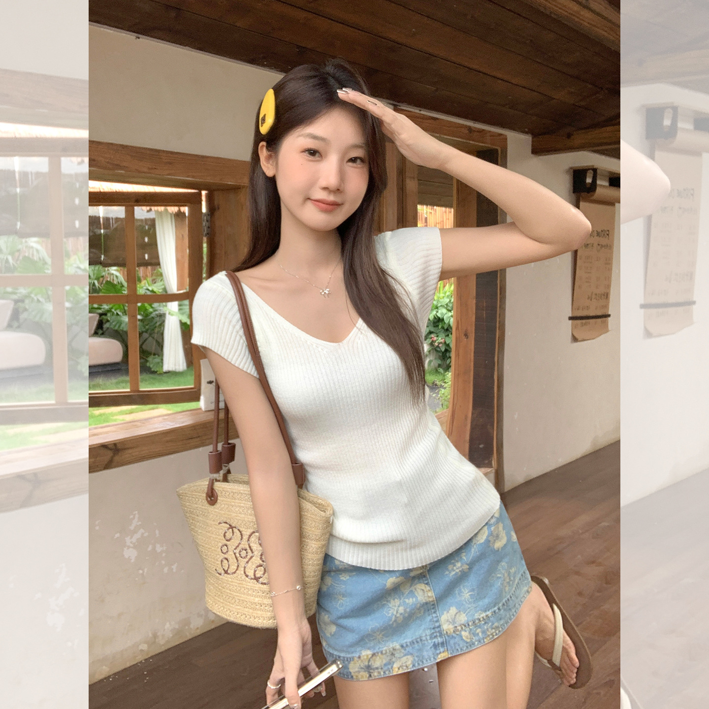 韩系奶白辣妹V领针织短袖t恤女2025年夏季新款设计感修身绝美上衣
